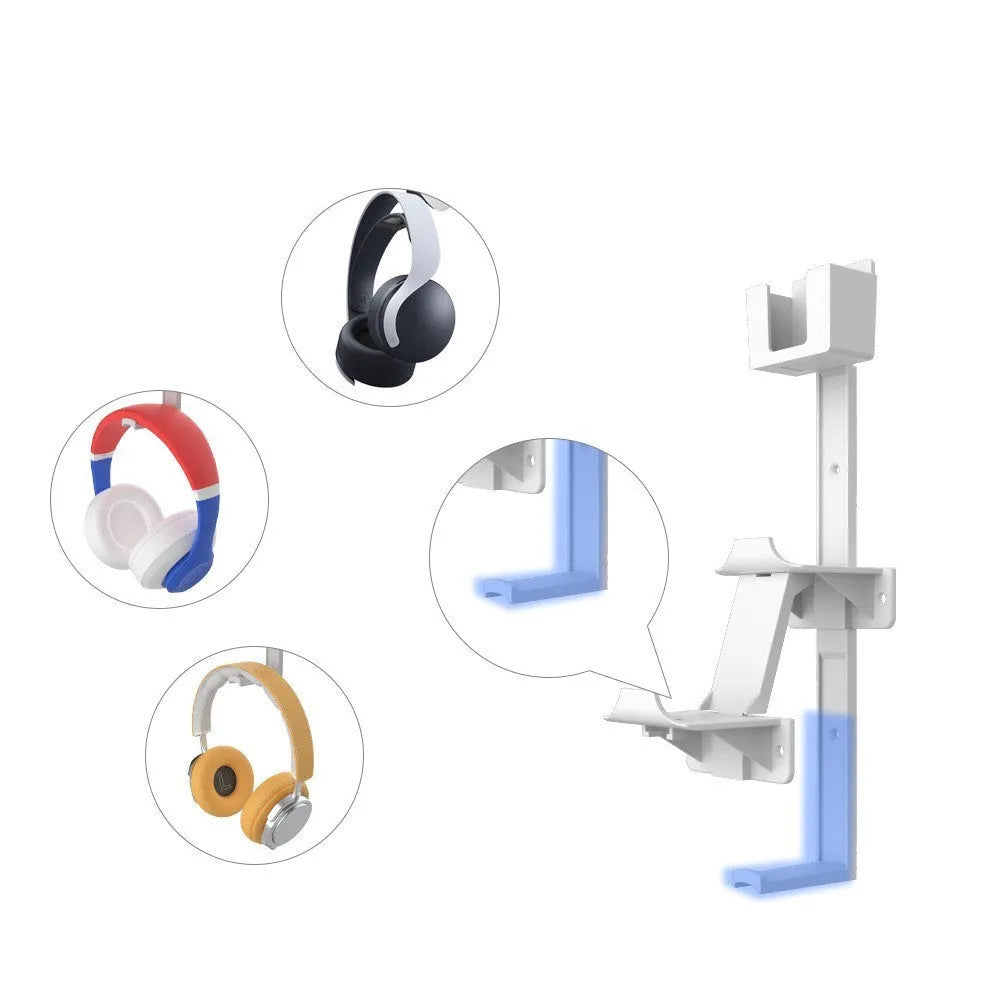 White wall-mounted plastic hook holding a PS5 controller and gaming headset.