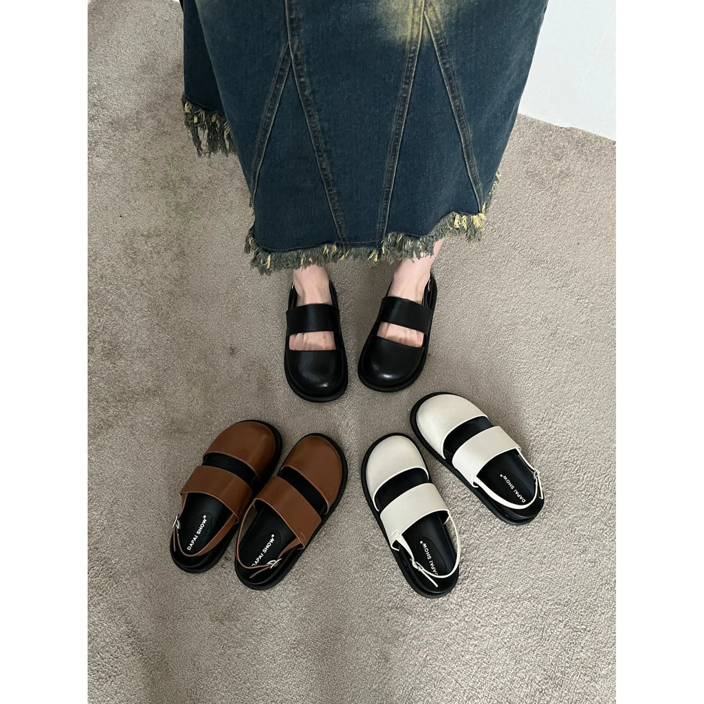 Korean style retro sandals with raised sole, closed toe and adjustable ankle strap buckle in microfiber