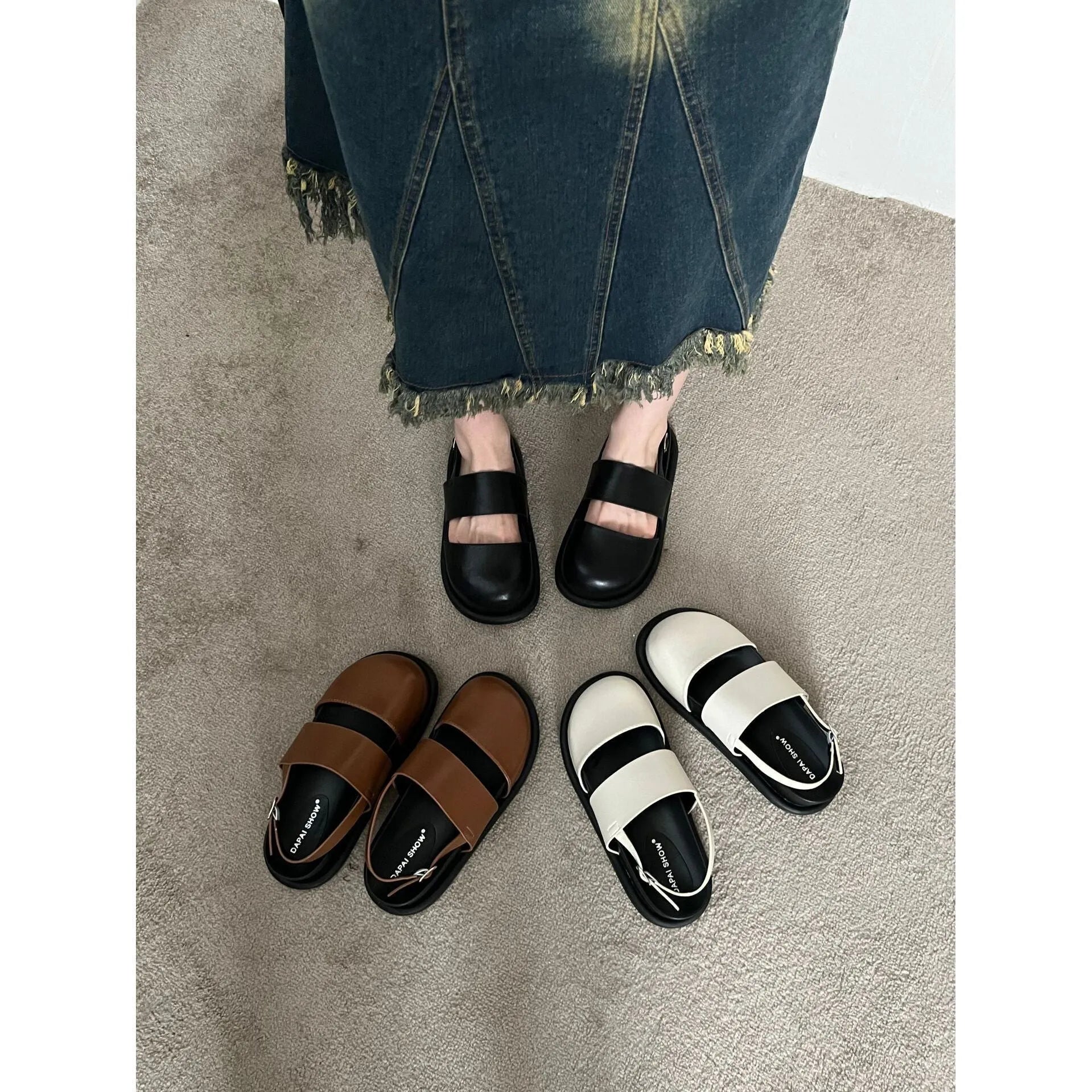 Korean style retro sandals with raised sole, closed toe and adjustable ankle strap buckle in microfiber