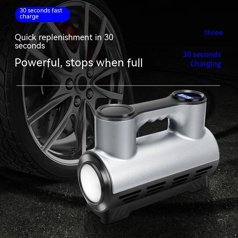 12V portable car air pump with digital display and three air nozzles on black ABS housing