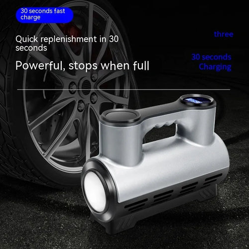 12V portable car air pump with digital display and three air nozzles on black ABS housing