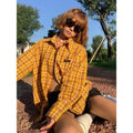 Dopamine yellow plaid shirt with loose cardigan style in polyester blend fabric