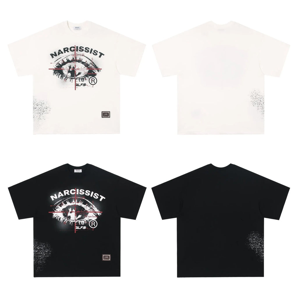 Black and white American retro hip hop gothic letter print cotton T-shirt on a hanger.