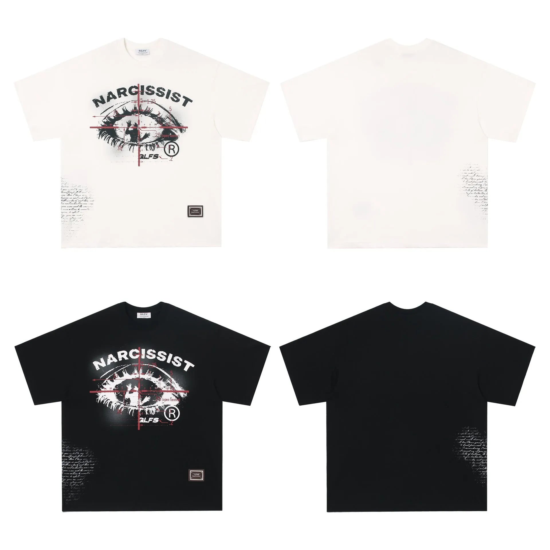 Black and white American retro hip hop gothic letter print cotton T-shirt on a hanger.