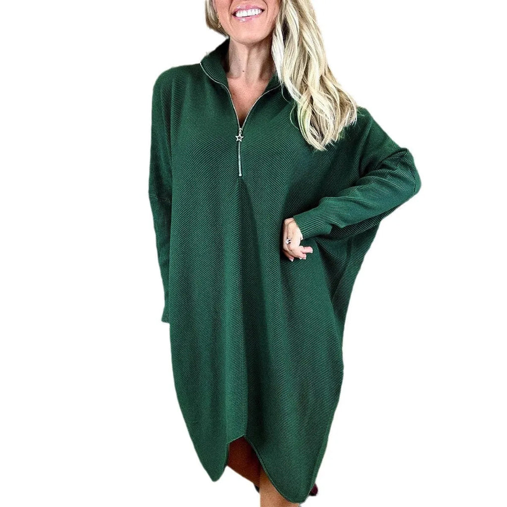 Women's solid colour loose knitted dress with raglan sleeves on a hanger