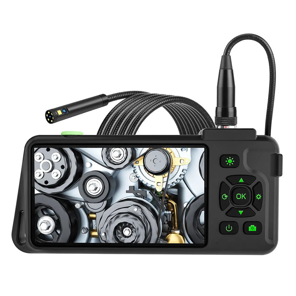 Handheld industrial endoscope with 4.5-inch colour screen and flexible inspection cable for automotive diagnostics