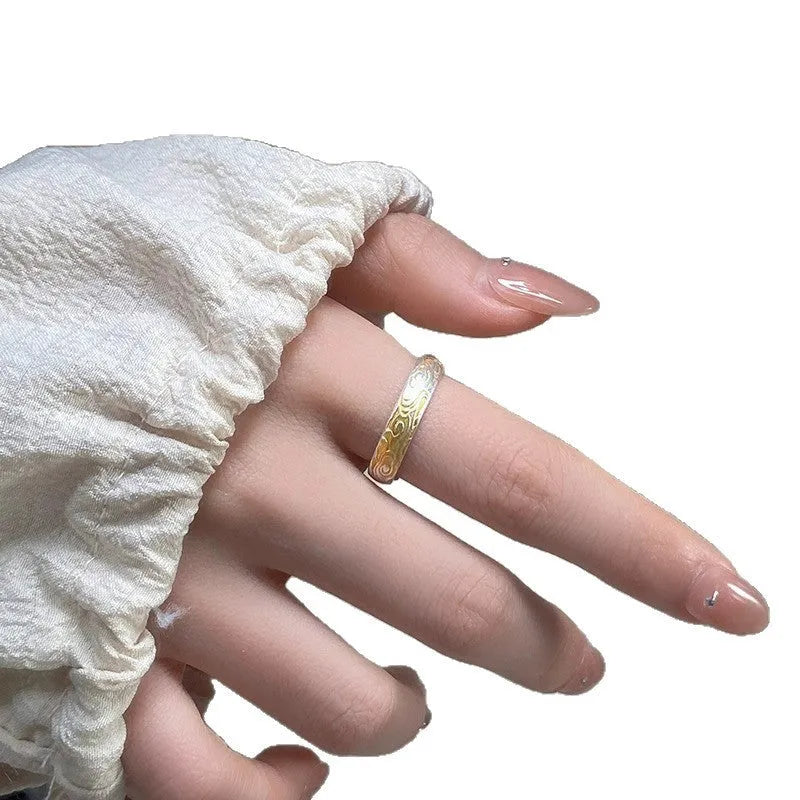 Open-mouth white copper ring with Xiangyun pattern featuring electroplated silver and gold geometric design