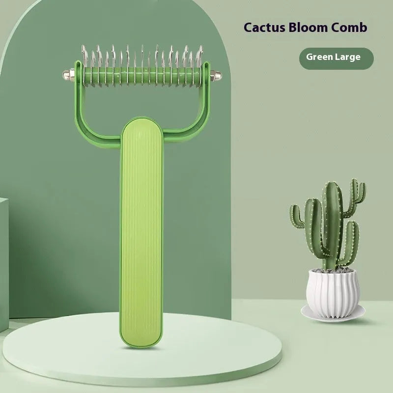 Green and grey dog unknotting comb with stainless steel tines and PP plastic handle
