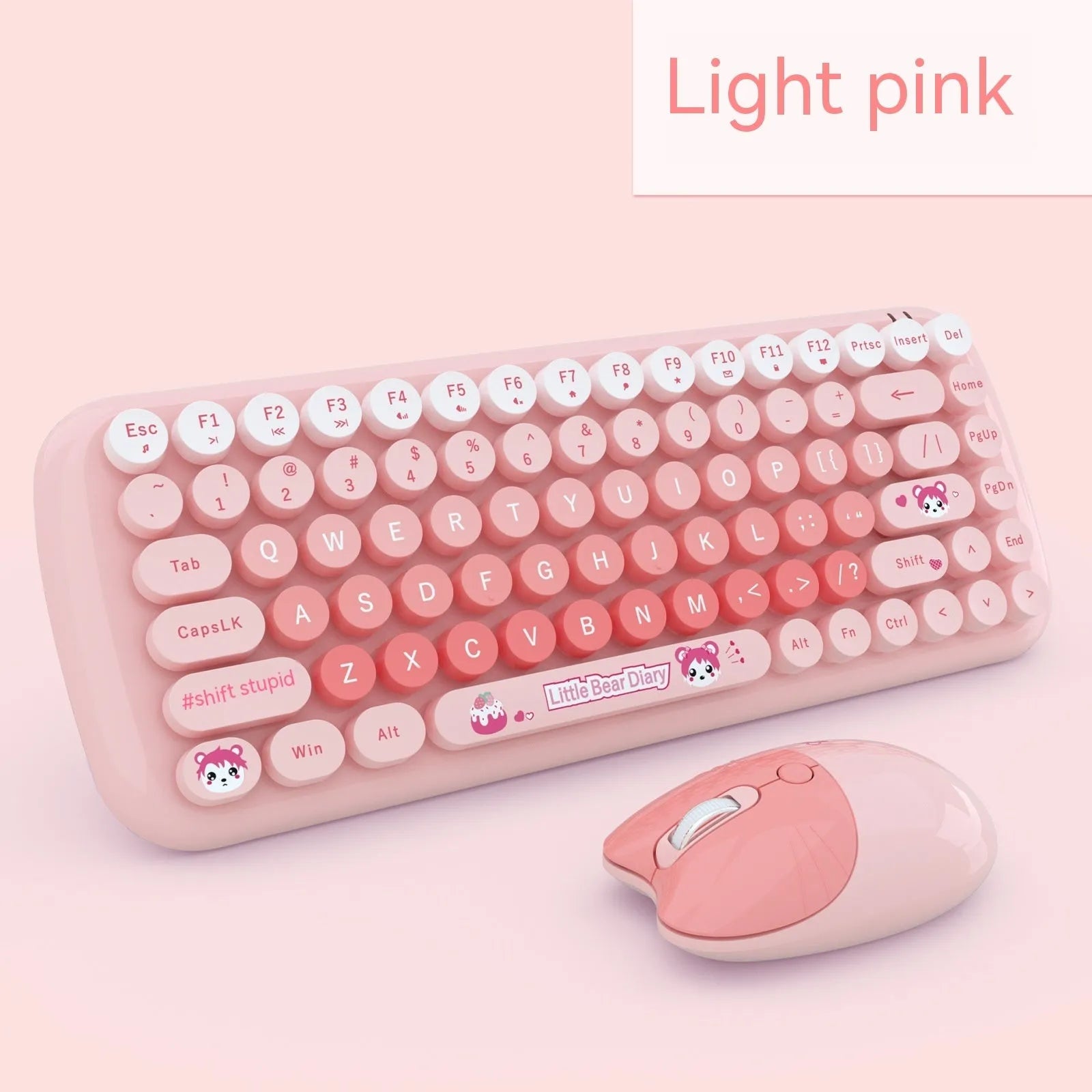 CANDY pink wireless cartoon keyboard and mouse set with receiver on a desk