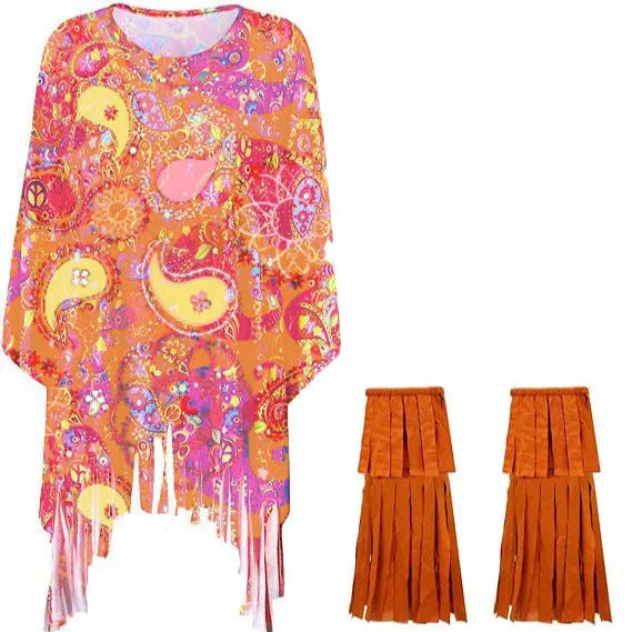 Tie dye cloak costume with bell sleeves in colourful rainbow pattern for Halloween parties