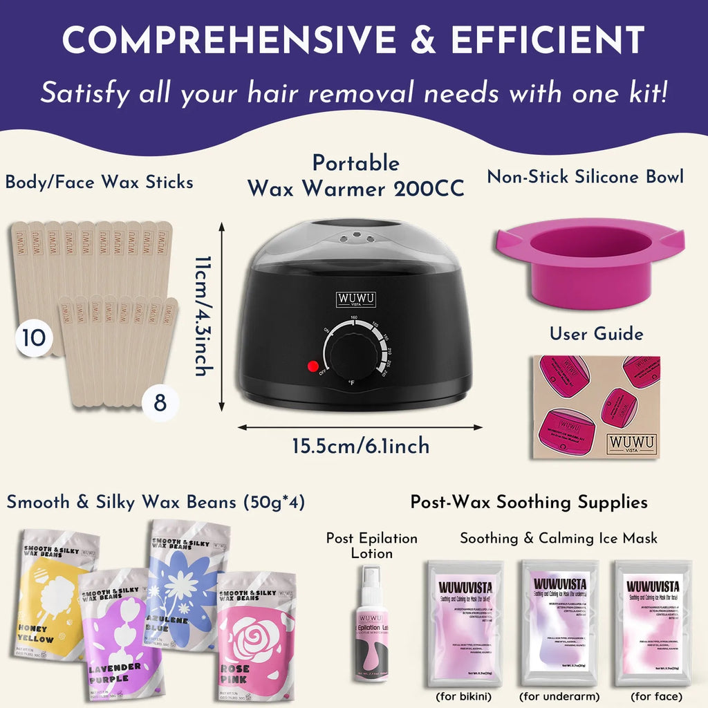 29-piece hard wax hair removal kit with black wax warmer, four wax beans, facial and body sticks, aftercare lotion and cooling masks