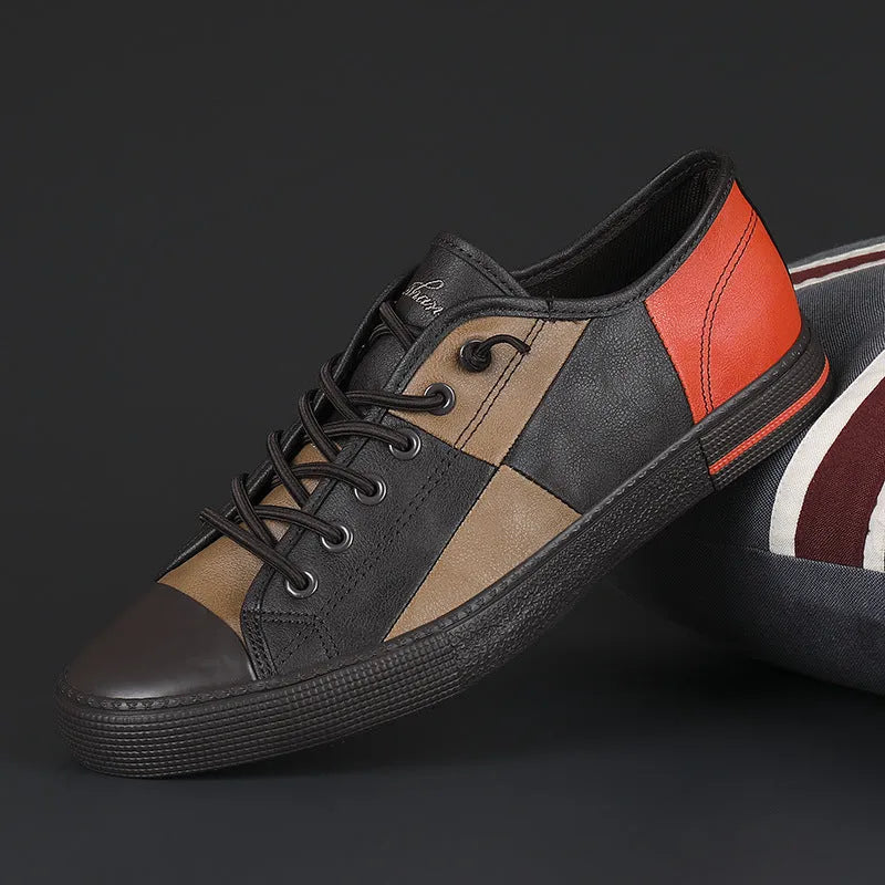 Men's flat heel leather shoes with round toe and elastic band in colour matching designs