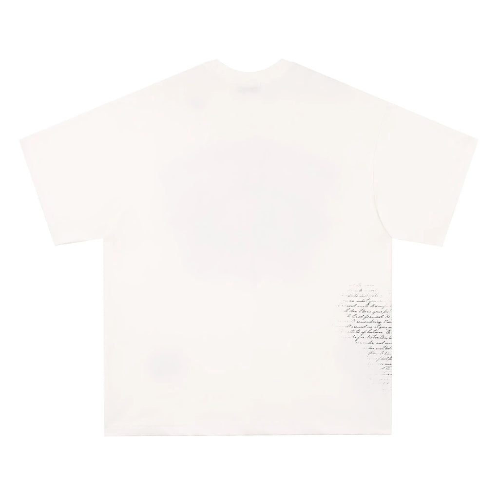 Black and white American retro hip hop gothic letter print cotton T-shirt on a hanger.