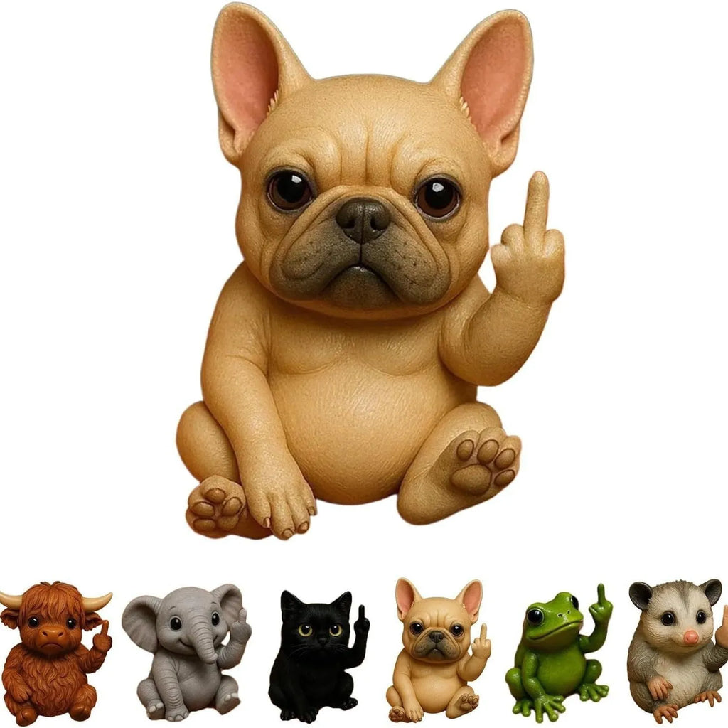 Mini plastic resin animal middle finger doll figurine showing one of seven available animal designs