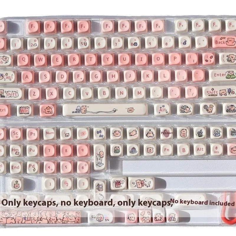 Pink PBT mechanical keyboard key cap with colourful fragrant pig character design on top and sides.