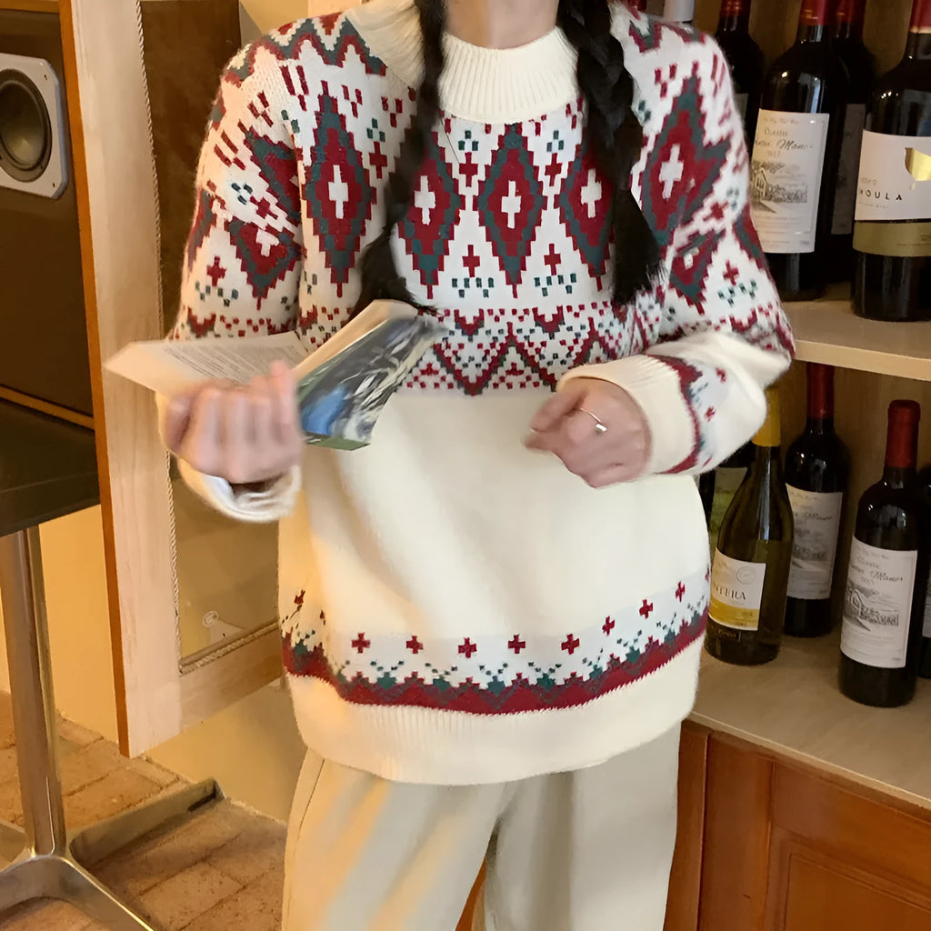 Loose retro striped knitted pullover top in polyester with long sleeves