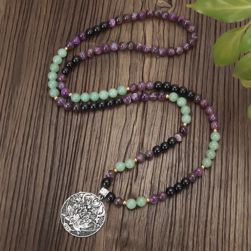 Donglong yoga lotus pendant necklace and bracelet set with stone beads