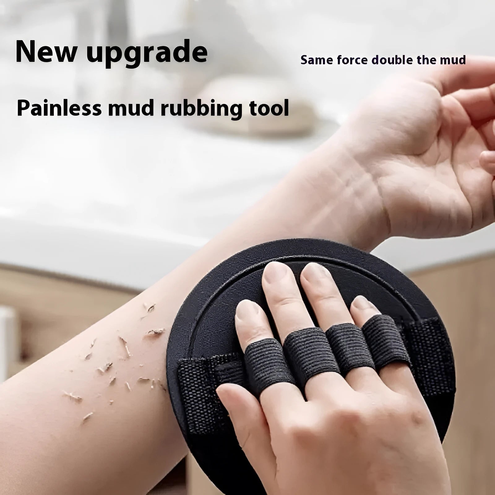 Women's rubber fingertip bath gadget with round cake lace or finger strap design and included towel