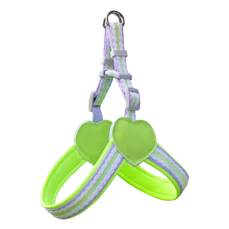 Nylon dog walking chest strap vest with integrated hand-holding rope in emerald green, shown on a medium-sized dog.