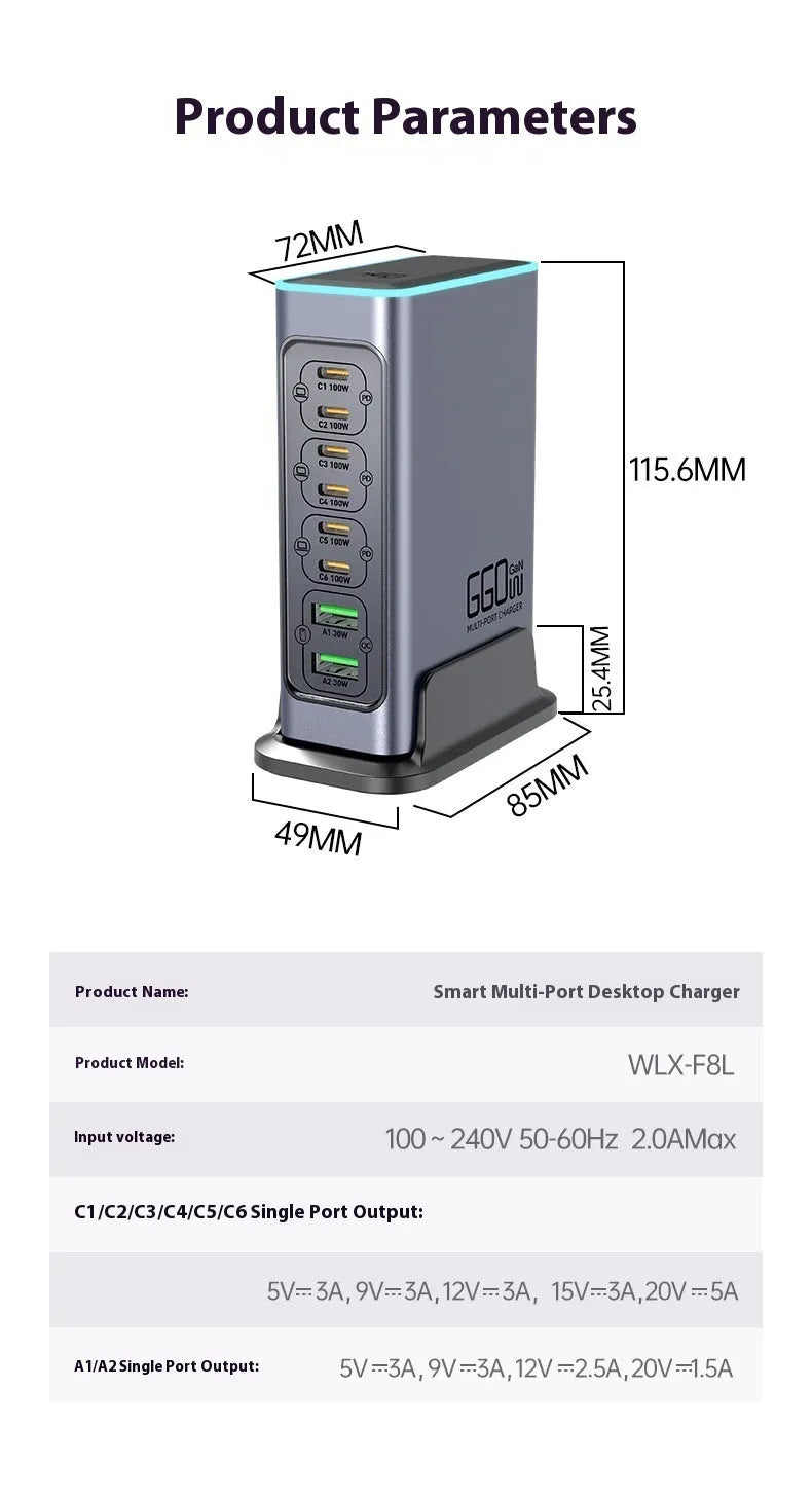 660W gallium nitride desktop charger with multiple Type-C ports and choice of regional plugs