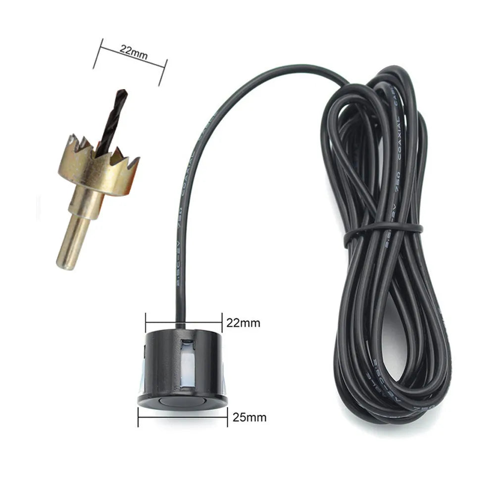 Black wireless reversing sensor system for cars with main unit, four probes, and a digital LED display.