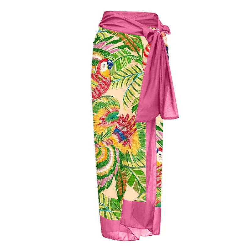 Women's pink floral print retro swimsuit with V-neck and matching skirt