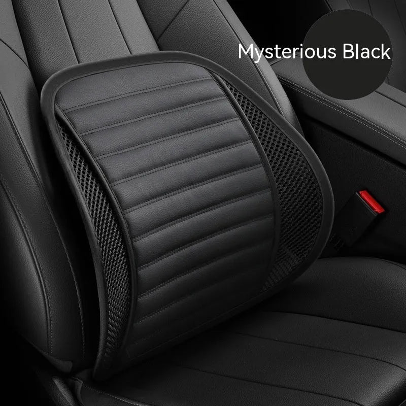 Leather lumbar support cushion on car seat in sapphire blue colour
