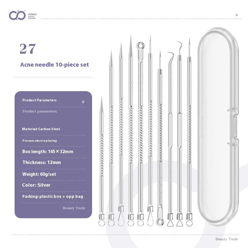 Four silver metal acne needles with ultra-fine pointed tips for skincare treatment.