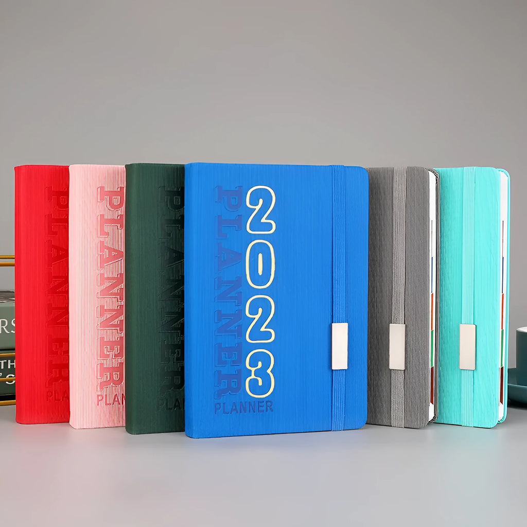 Student almanac diary with wireless binding and imitation leather cover in various style options