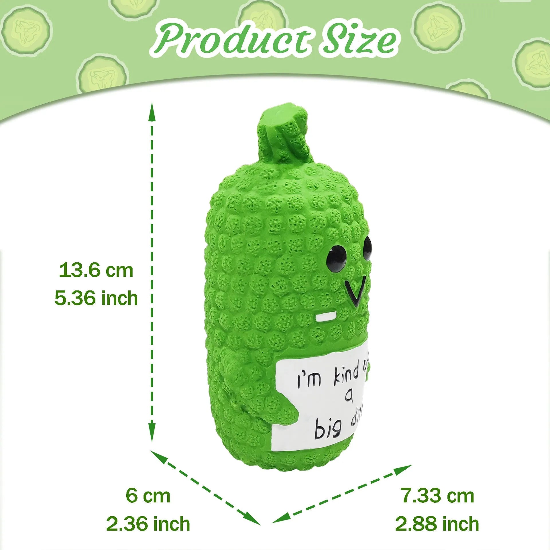 Green latex pickle-shaped dog squeaky toy with a textured surface.