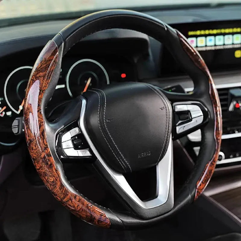 Peach wood grain artificial leather steering wheel sleeve in crystal brown, fits 38cm diameter wheels.
