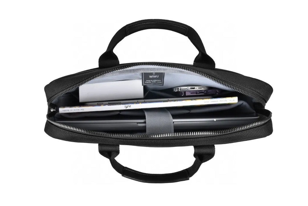 Black multi-pocket Oxford cloth laptop backpack showing organisers and lock, sized for 14-inch or 15.6-inch laptops.