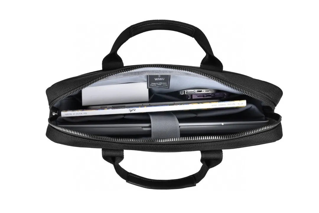 Black multi-pocket Oxford cloth laptop backpack showing organisers and lock, sized for 14-inch or 15.6-inch laptops.