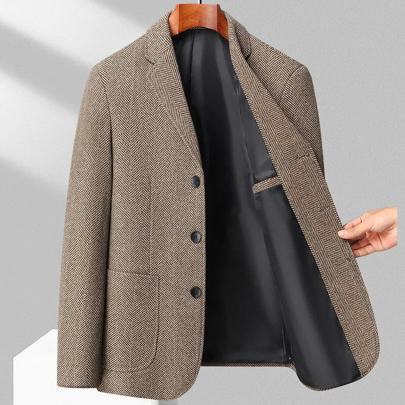 Loose-fit men's woolen coat in black, shown on a model for casual spring or autumn wear.