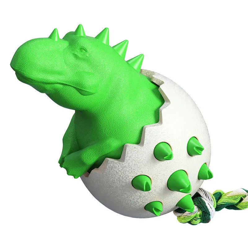 Blue dinosaur-shaped dog chew toy with textured rubber surface and attached nylon rope