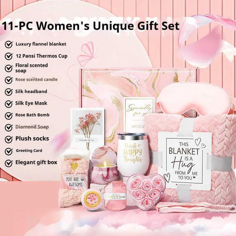 Modern aromatherapy bath gift set in plastic container with candle, soap, and bath products