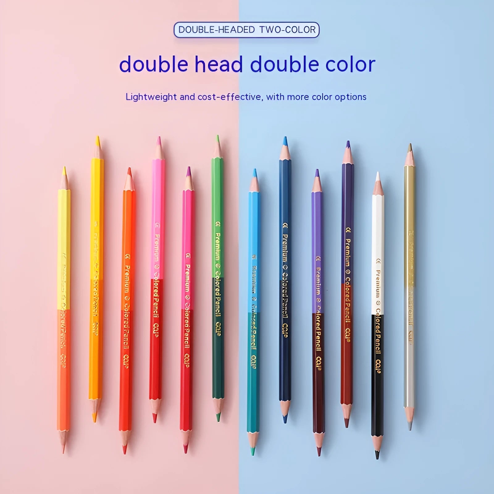 Wooden double-head colour pencil set for drawing, showing 12-piece and 6-piece configuration options.
