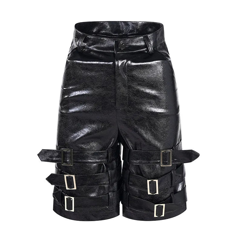 Men's black PU leather cropped shorts with medium-low waist design on hanger