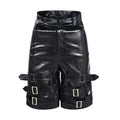 Men's black PU leather cropped shorts with medium-low waist design on hanger