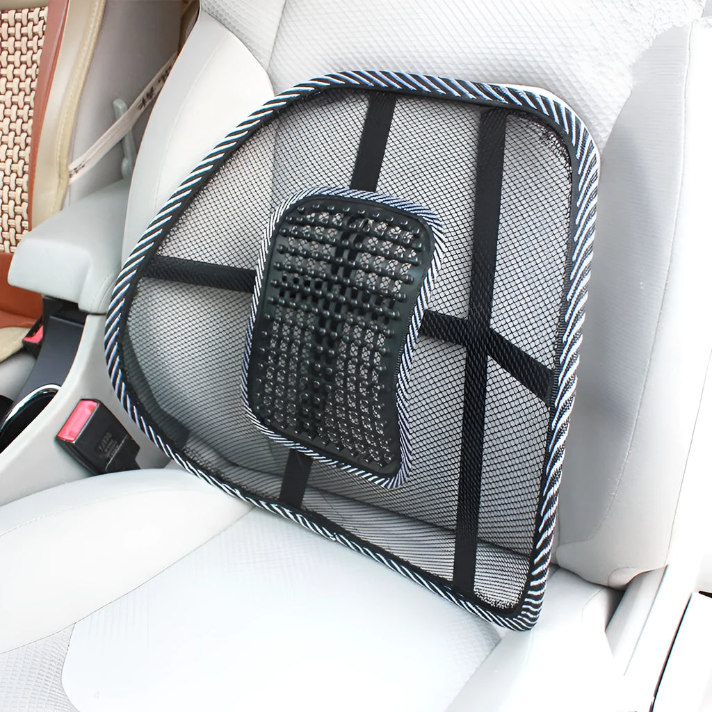 Black car lumbar support pillow with steel wire frame measuring 41cm by 39cm