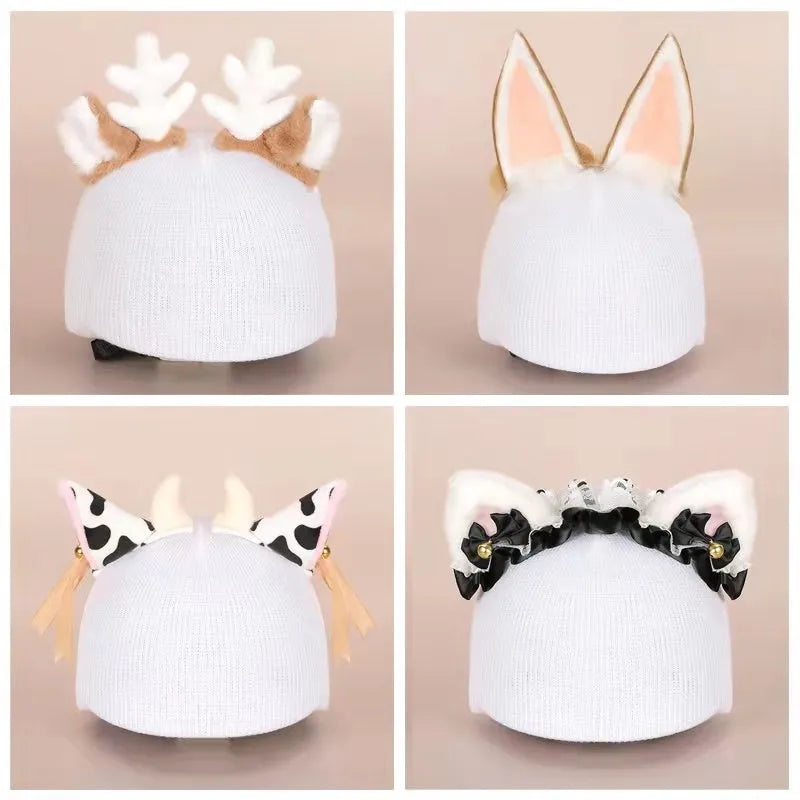 Plush ski helmet decoration set with cartoon designs on soft fabric cover
