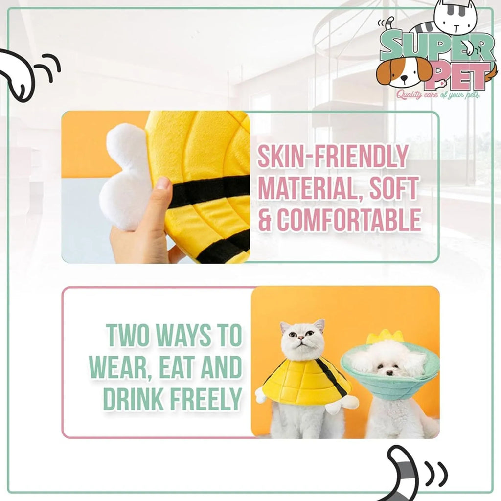 Soft white cat cone collar with black bee design and yellow wings, showing Velcro strap for adjustment.