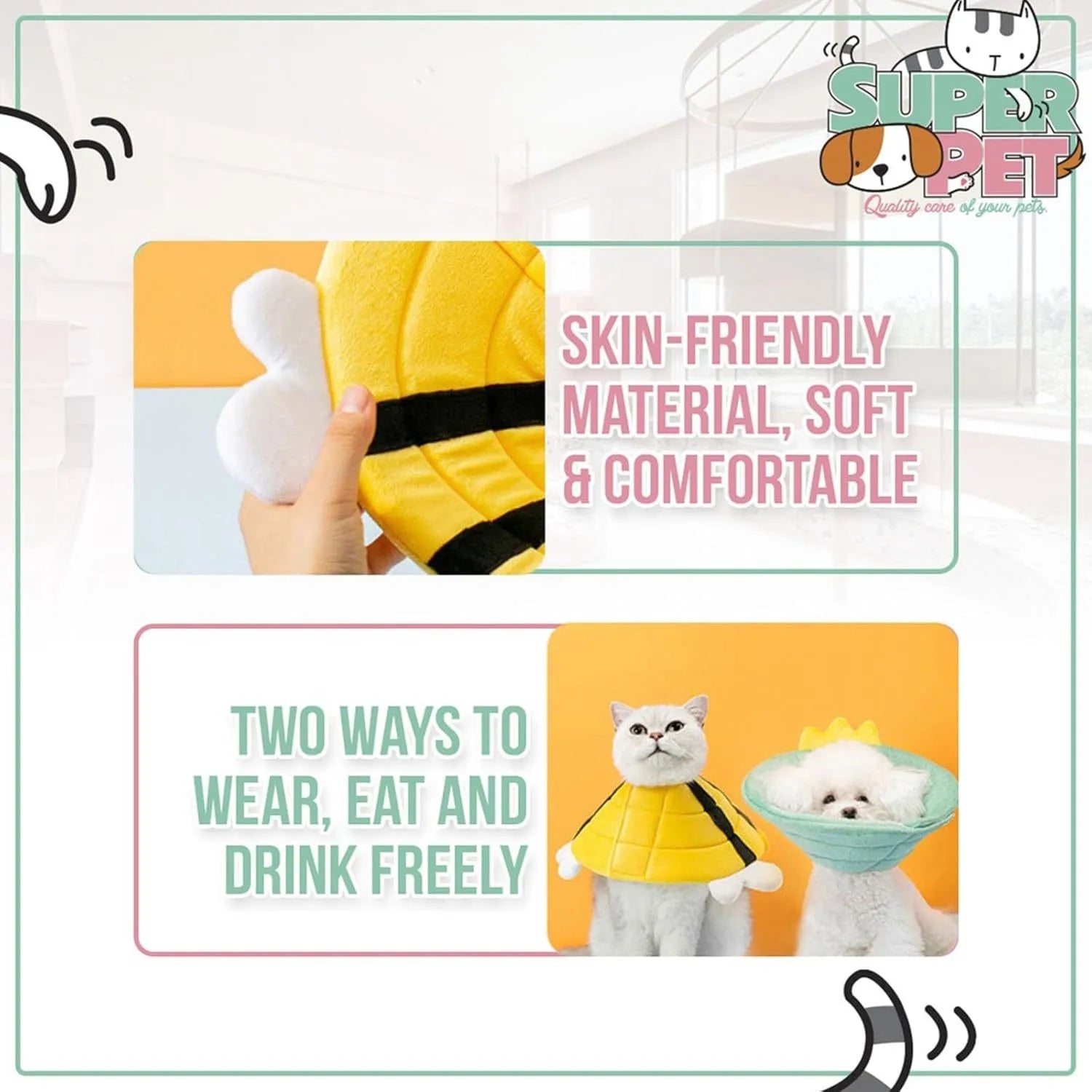 Soft white cat cone collar with black bee design and yellow wings, showing Velcro strap for adjustment.
