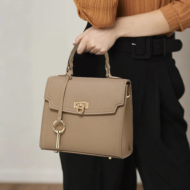 Elephant grey genuine leather crossbody handbag with vintage lock and litchi pattern texture