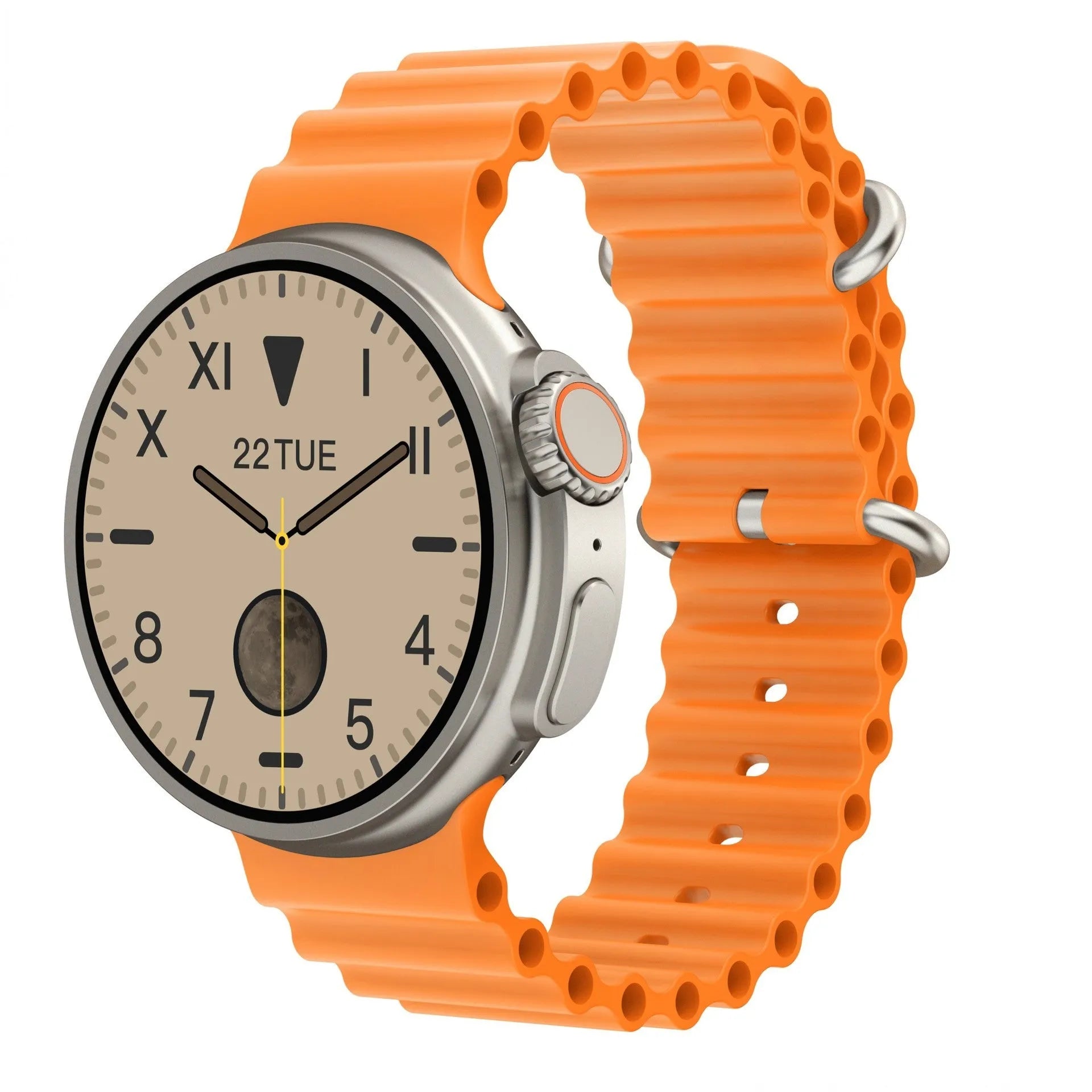 K9 smart watch with 44mm round case and silicone strap showing health metrics on 1.39 inch screen