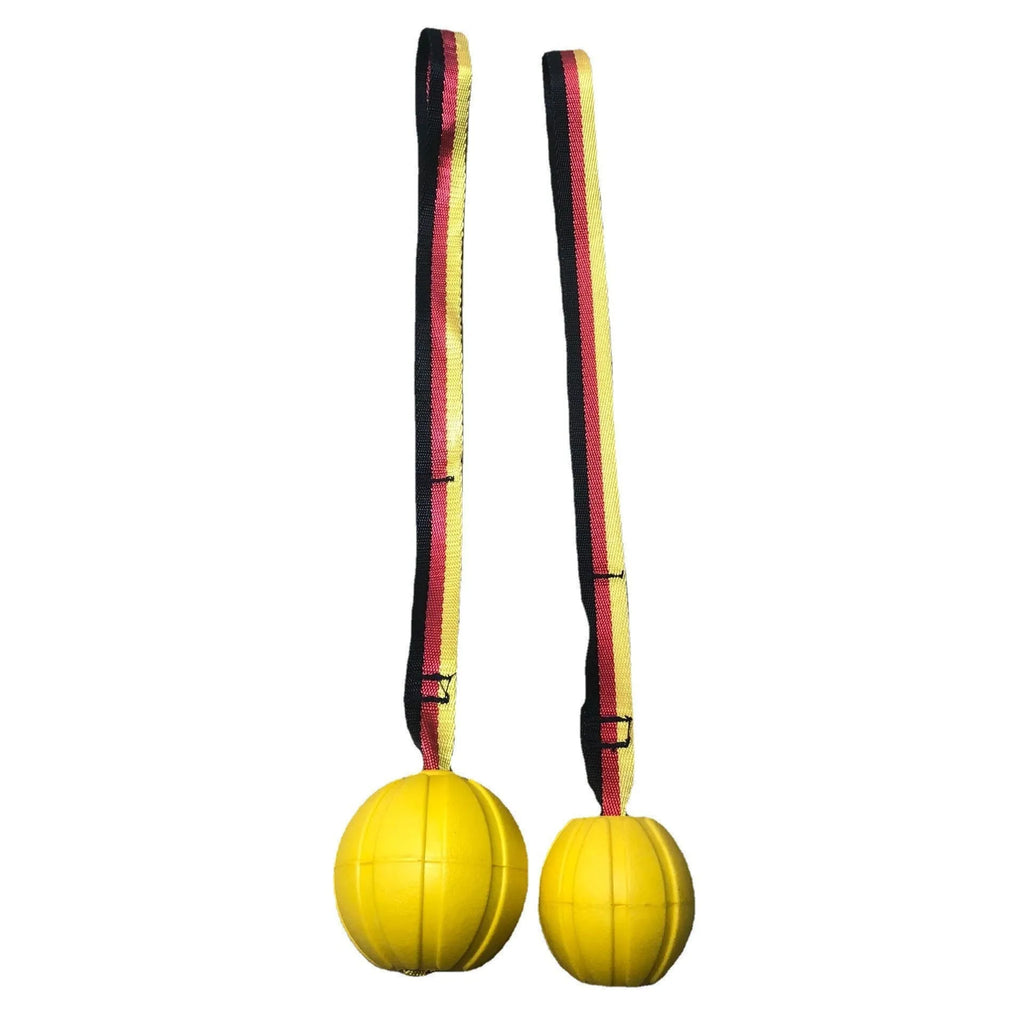 Yellow EVA floating dog ball with string attached, next to a camouflage coloured version on a blue background.