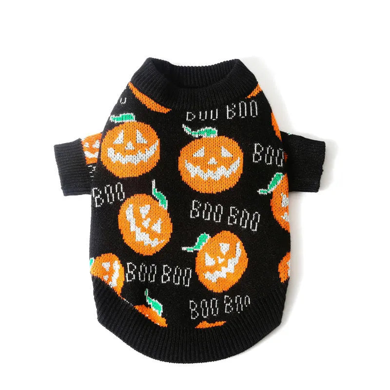 Black dog sweater with pumpkin pattern for Halloween in sizes S to XXL