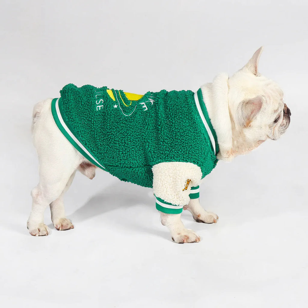 Green fleece-lined winter dog clothing coat in cotton fabric available in multiple sizes