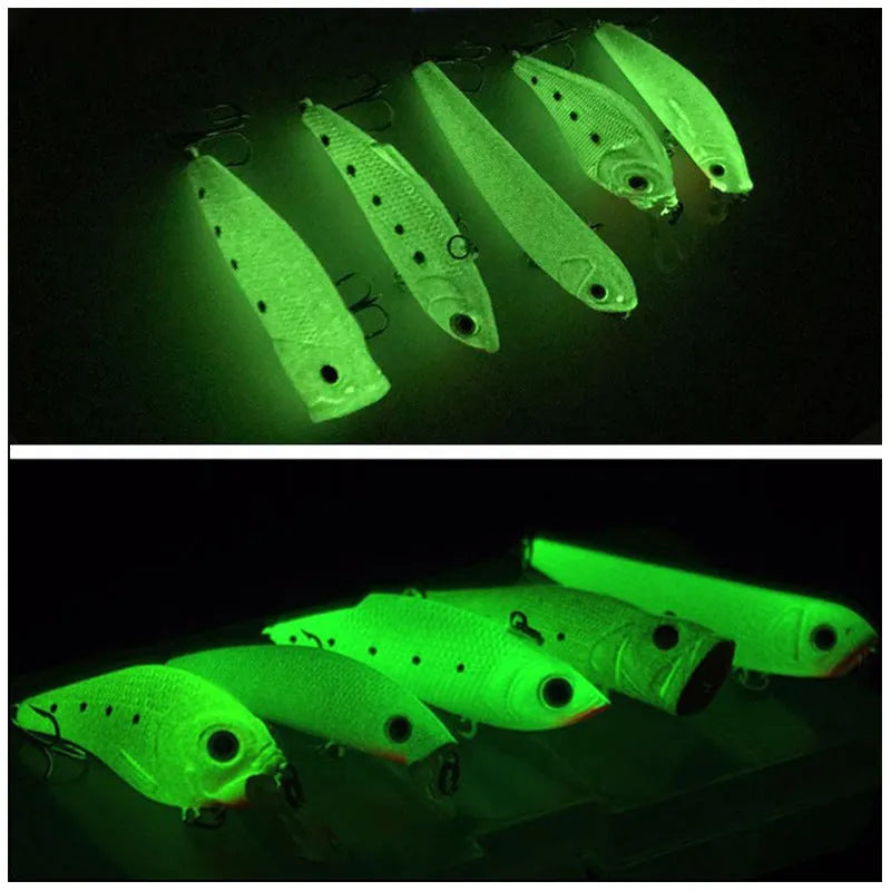 Set of five hard body fishing lures with fluorescent patterns and luminous glow for low-light fishing conditions