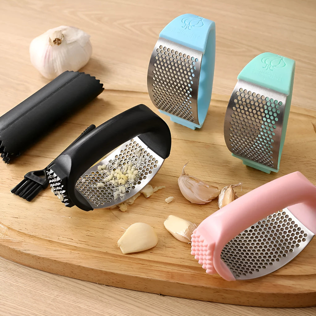 304 stainless steel garlic press in modern design with colour options for kitchen use